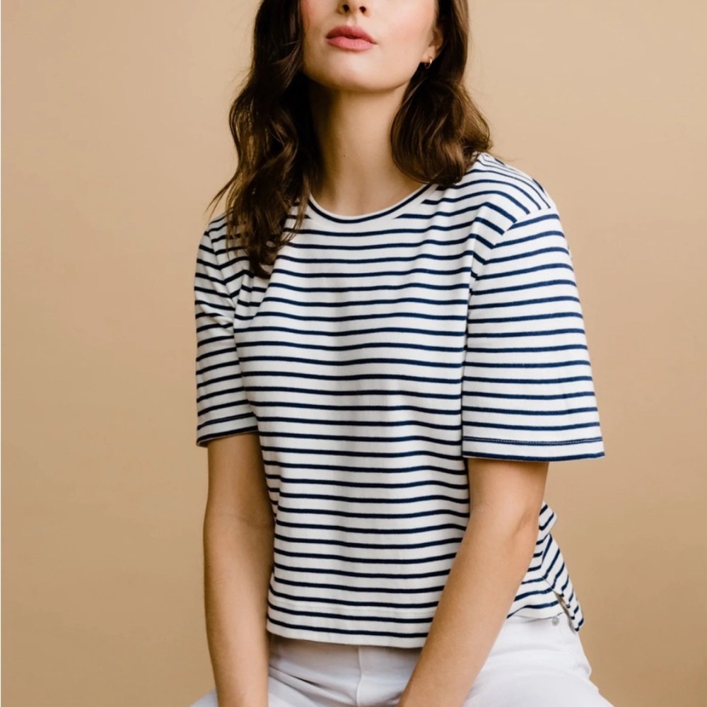 ABLE Clothing Maria Boxy Tee, Small, Midnight/Cream stripe